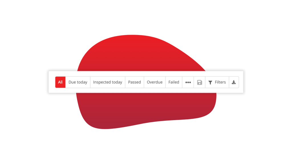 This image shows a screenshot of the filters bar from Inspect7® digital inspection software. The filter options displayed include "All" (which is highlighted in red), "Due today," "Inspected today," "Passed," "Overdue," and "Failed." To the right, there are additional icons for more options, saving, applying filters, and downloading data. The background is red with an abstract shape behind the filter bar.