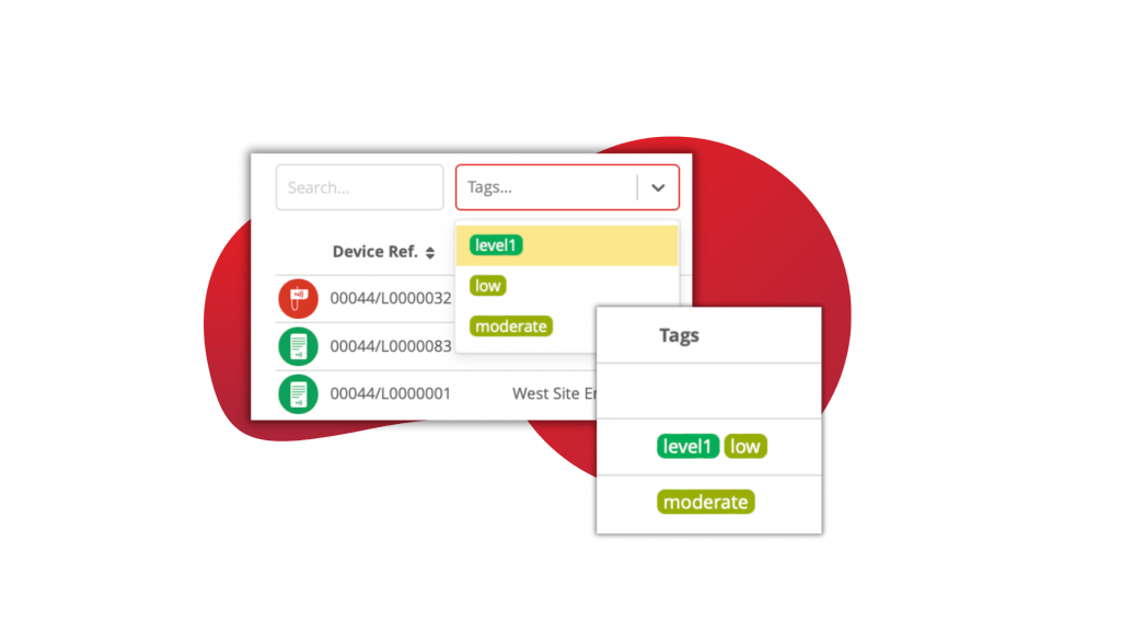 Two squares with screenshots of the Tags Dropdown list and Table column.
Behind them two red curved shapes.