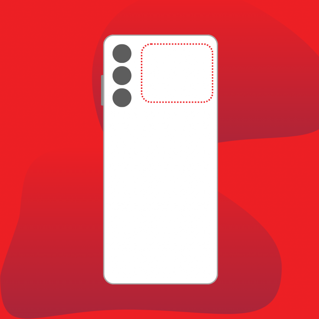 A minimalistic representation of a smartphone with a rectangular body. A dotted red outline in the upper right area suggests the location of the NFC antenna. The background is red with two-tone red abstract shapes.