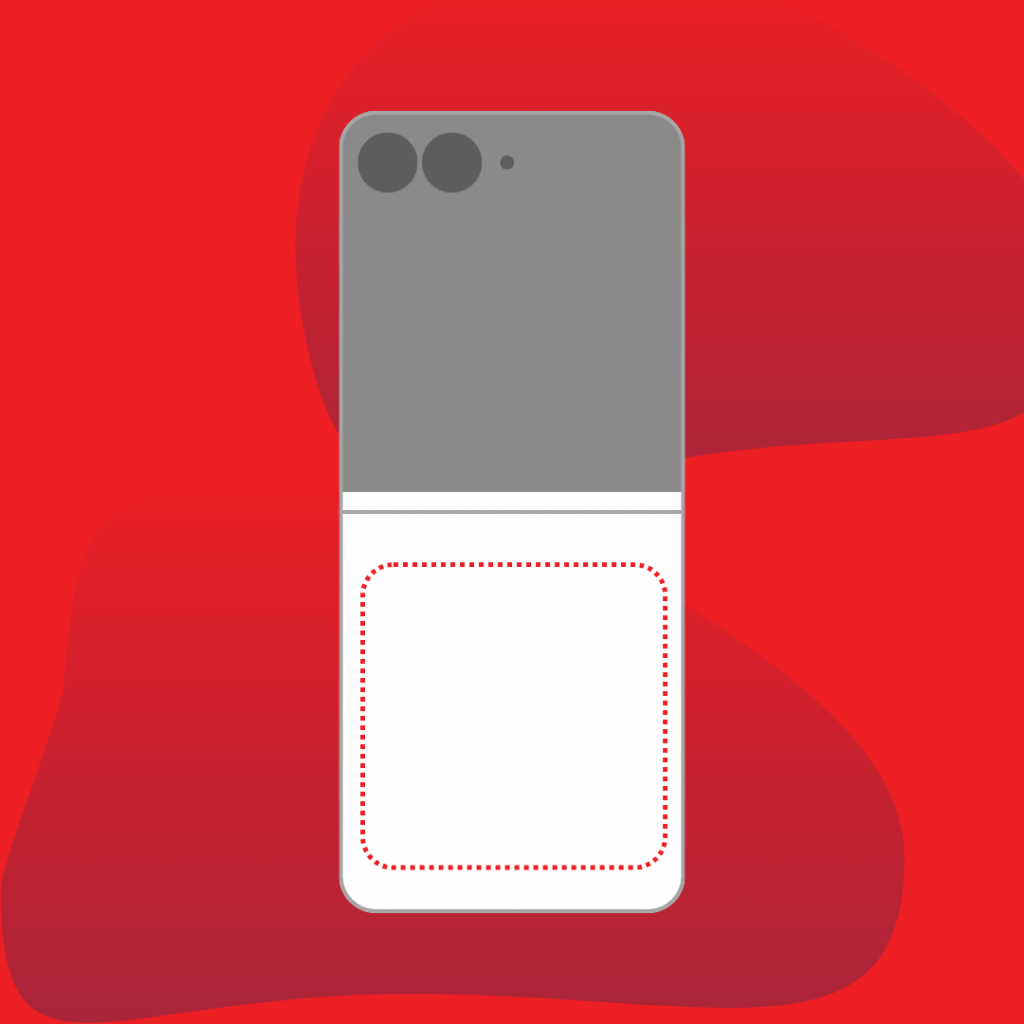 A minimalistic representation of a smartphone with a rectangular body. A dotted red outline in the upper right area suggests the location of the NFC antenna. The background is red with two-tone red abstract shapes.