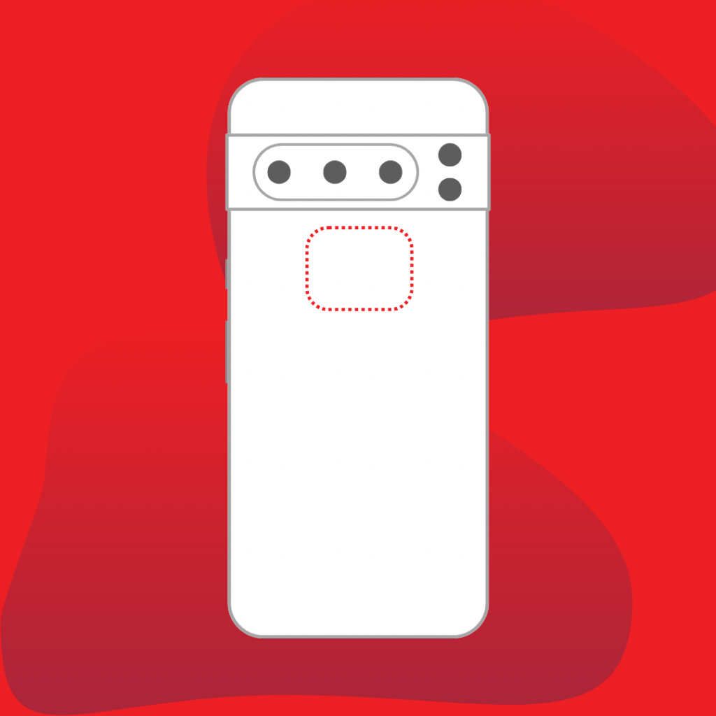 A minimalistic representation of a smartphone with a rectangular body. A dotted red outline in the upper right area suggests the location of the NFC antenna. The background is red with two-tone red abstract shapes.