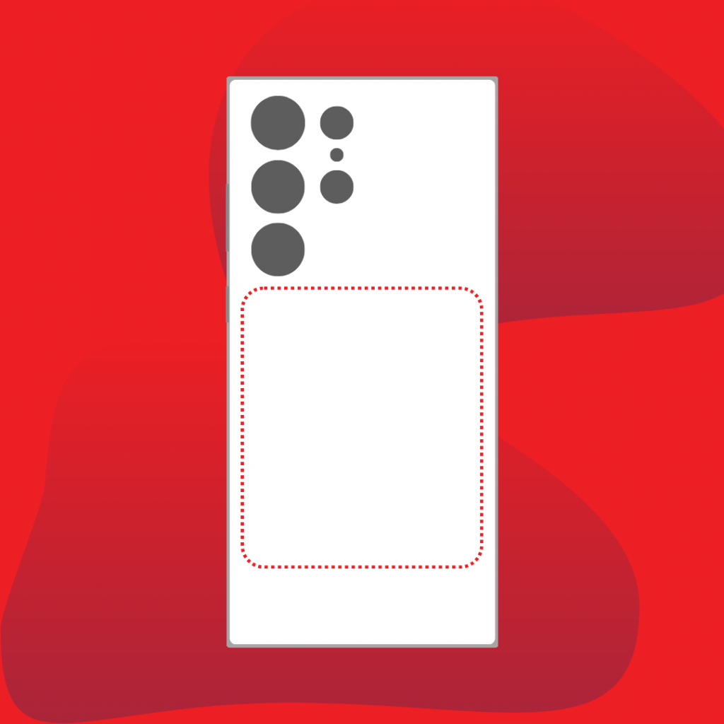 A minimalistic representation of a smartphone with a rectangular body. A dotted red outline in the upper right area suggests the location of the NFC antenna. The background is red with two-tone red abstract shapes.