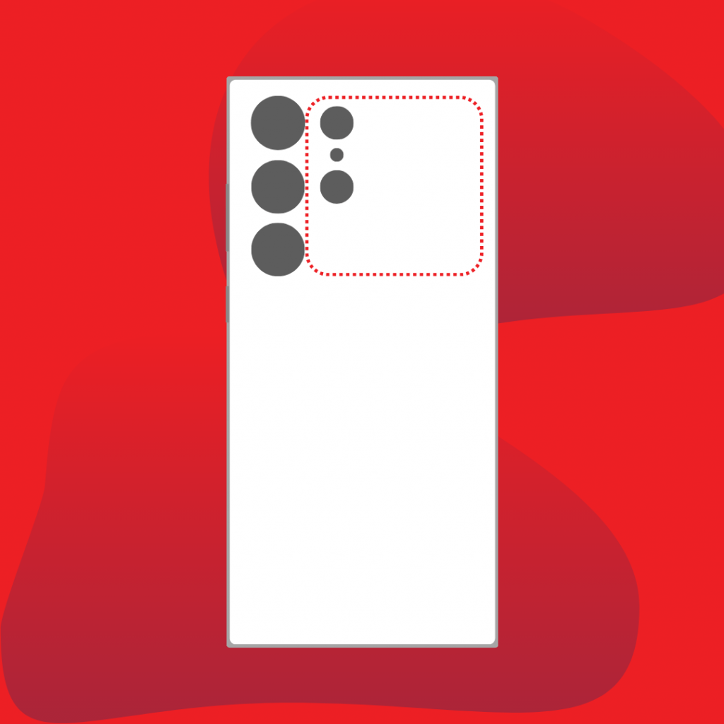 A minimalistic representation of a smartphone with a rectangular body. A dotted red outline in the upper right area suggests the location of the NFC antenna. The background is red with two-tone red abstract shapes.