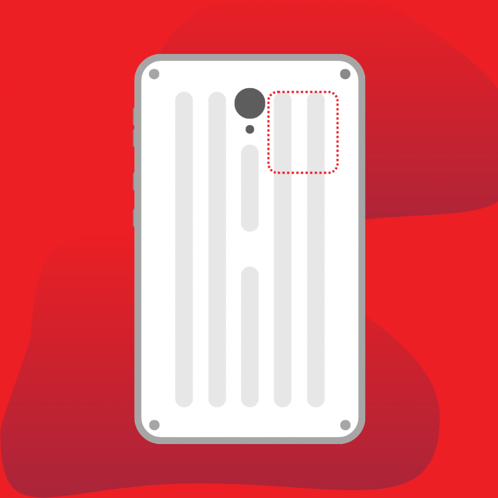 A minimalistic representation of a smartphone with a rectangular body. A dotted red outline in the upper right area suggests the location of the NFC antenna. The background is red with two-tone red abstract shapes.