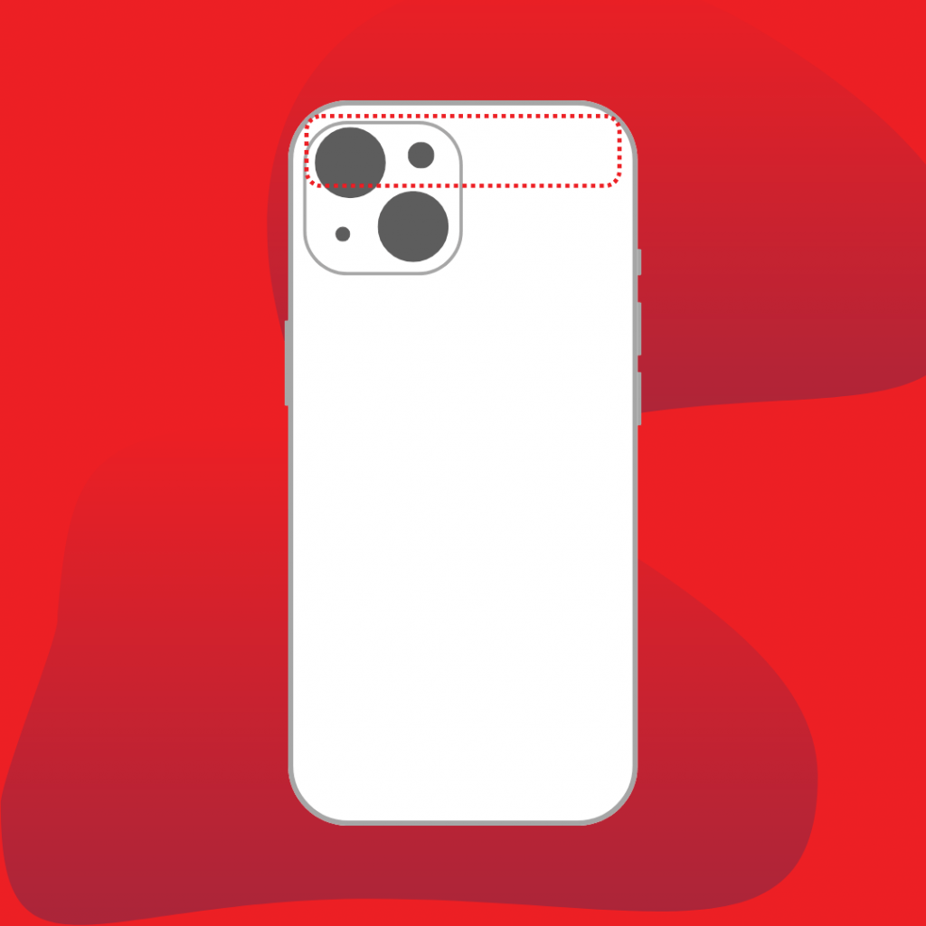 A minimalistic representation of a smartphone with a rectangular body. A dotted red outline in the upper right area suggests the location of the NFC antenna. The background is red with two-tone red abstract shapes.