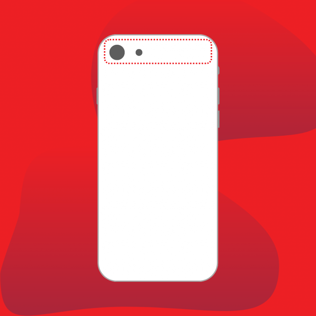 A minimalistic representation of a smartphone with a rectangular body. A dotted red outline in the upper right area suggests the location of the NFC antenna. The background is red with two-tone red abstract shapes.